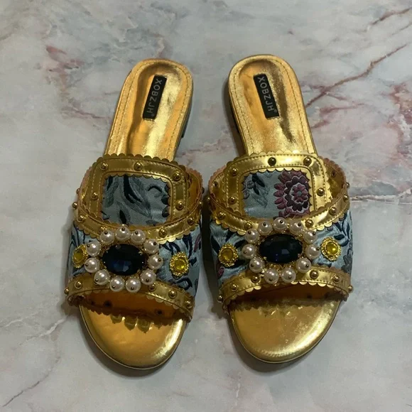 XOBZJH Evening Slides Rhinestone Sandal gold party shoes embroidery shoes 9.5 - Picture 2 of 13